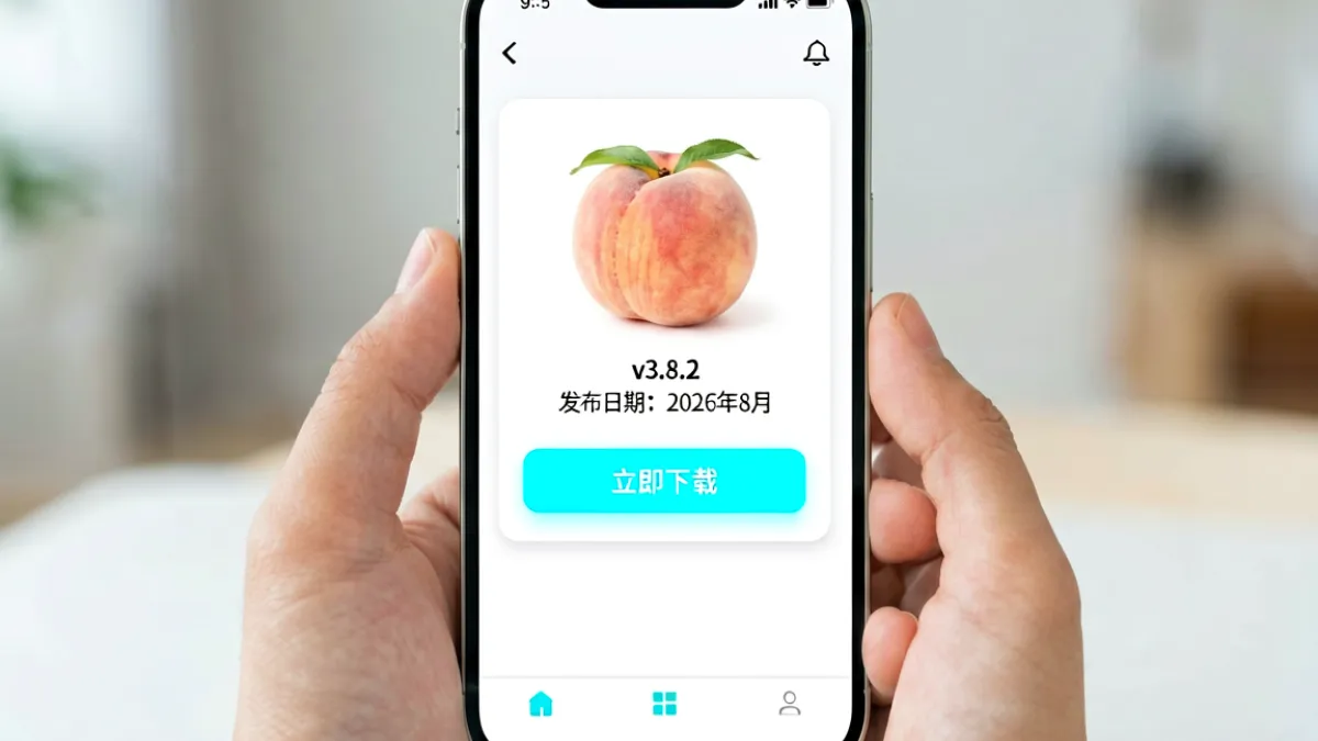手机屏幕上显示桃子视频App的安装包下载页面，界面清晰展示了官方下载按钮和版本信息，背景为简洁的白色卡片布局