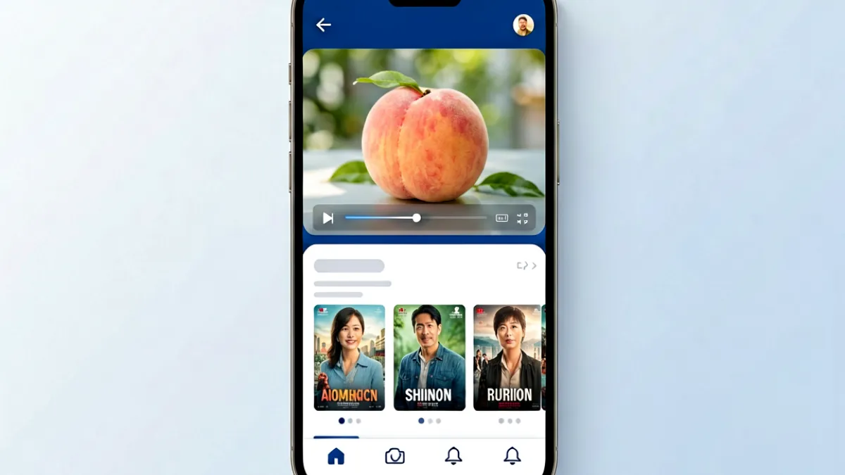 桃子视频App新版界面截图，展示首页内容推荐流、播放器控制栏和底部导航栏，界面风格简洁现代