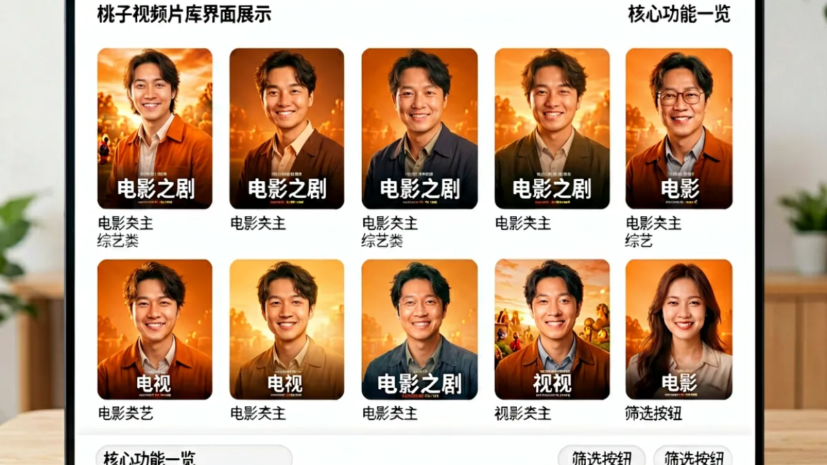 桃子视频片库界面展示：电影、电视剧、综艺分类图标排列整齐，封面图以暖色调为主，底部显示搜索框和筛选按钮