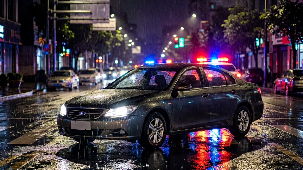 深夜雨中的城市街道，一辆轿车停在路口闪烁着警示灯，远处有警灯的红蓝光芒映在潮湿的路面上，氛围紧张神秘