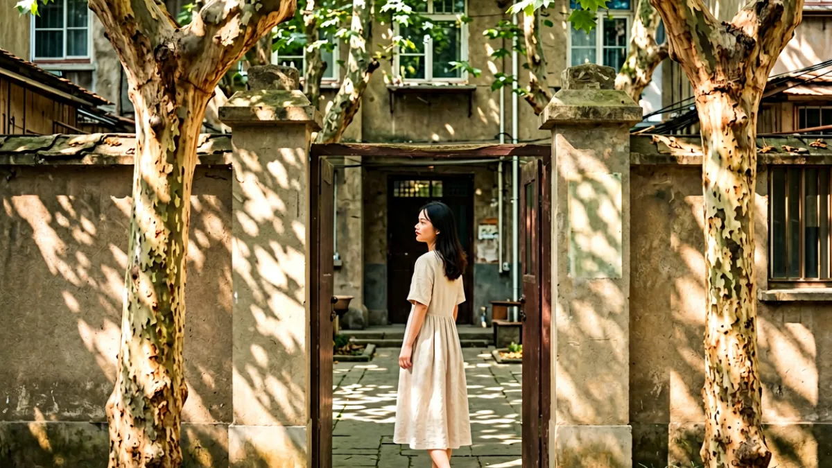 老旧居民楼前的庭院，阳光下梧桐树影斑驳，一位穿着浅色连衣裙的女子站在院门口回望，画面温暖怀旧